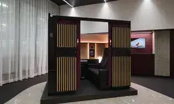 Mockup of a luxury firstclass suite interior setup at Zurich Airport