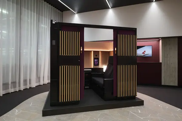 Mockup of a luxury firstclass suite interior setup at Zurich Airport