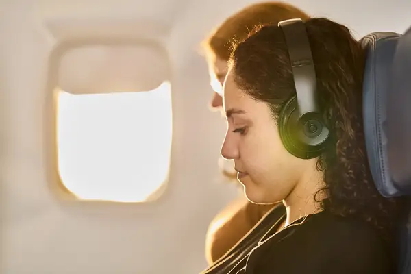 A passenger wearing headphones sitting in an airplane seat