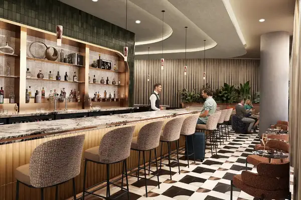 A rendering of an upscale lounge bar area with a bartender and patrons seated at the counter and tables in the background