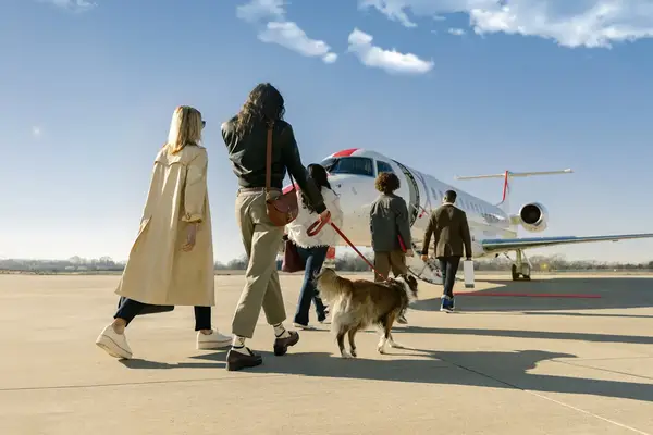 Passengers walking a dog toward a parked private jet on a clear day preparing to board