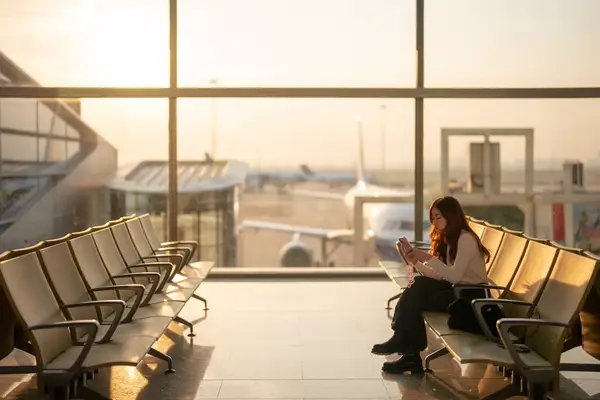 A woman sitting alone in an airport terminal, with view of planes outside