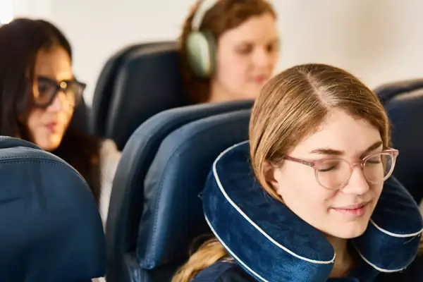 Individuals seated on an airplane with a focus on a person wearing glasses and a neck pillow, others sit in the background