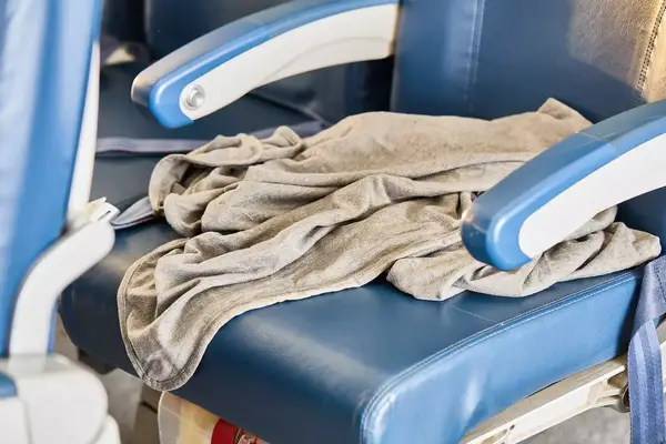 An airplane seat with a crumpled blanket placed on it