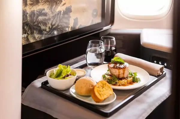 Tray of food setup in an airline business class seat with a seat window in the background