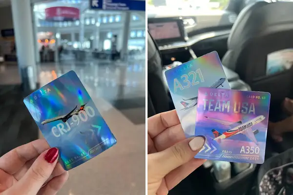 Hands holding collectible Delta airline trading cards with airplane designs in two different settings one at an airport and another in a car
