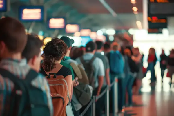A crowded airline checkin line at an airport people waiting in a queue with luggage