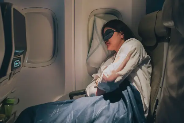 Passenger sleeping on a plane with an eye mask, reclining in an airplane seat on a long flight