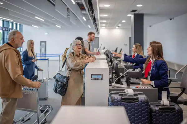 Passengers standing at a check-in counter with airline staff assisting them, visible suitcases and a bright airport interior
