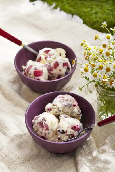 brandied cherry and chocolate chunk ice cream in a bowl