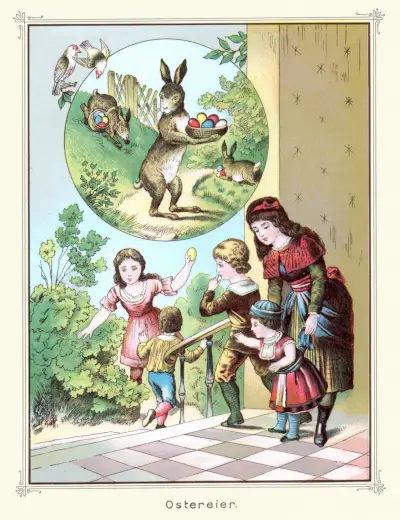 vintage illustration children searching for easter eggs, easter bunny, german, victorian 19th century