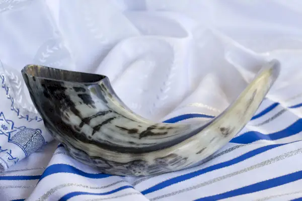 shofar on a tallit praying shawl background