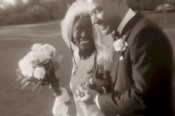 smiling bride and groom