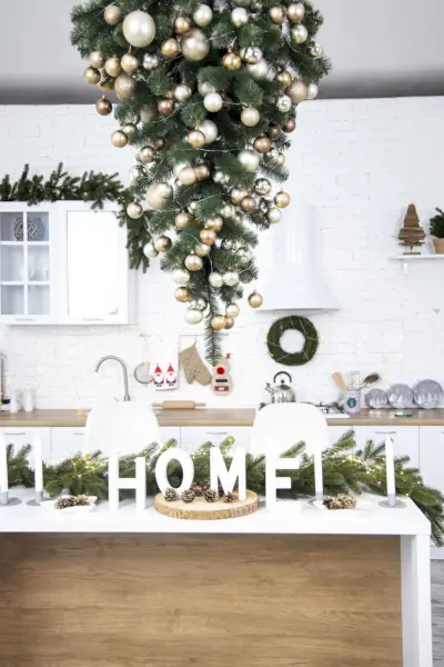 christmas tree upside downkitchen with white furniture