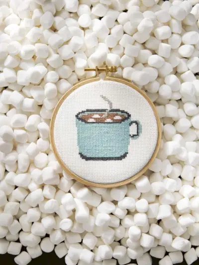 cross stitch mug of cocoa