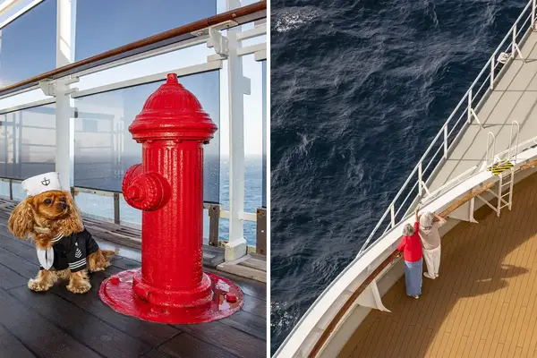 A spaniel in a sailor outfit next to a red fire hydrant on a ship deck and on the right two individuals leaning on the ships railing facing the ocean