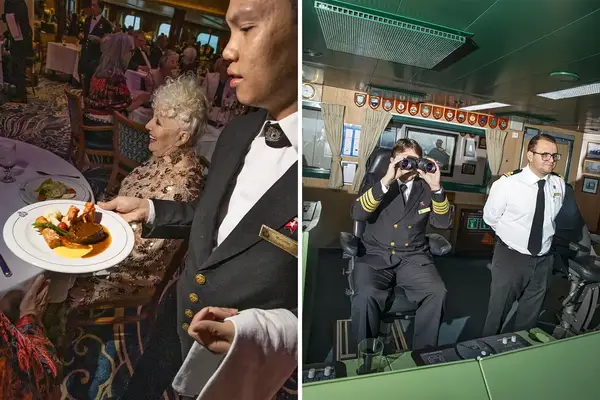 A cruise dining scene with guests being served and a ships captain on the bridge with a crew member