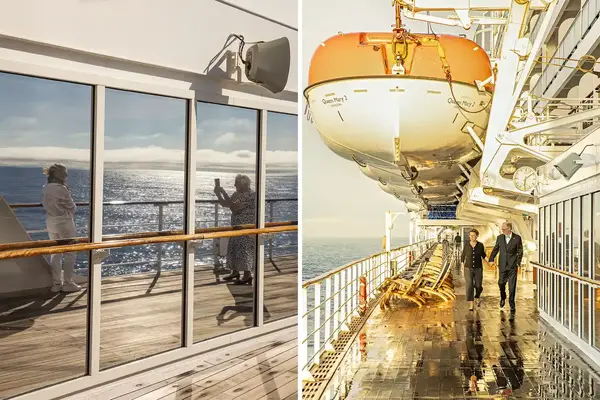 Two scenes aboard a cruise ship one showing a deck reflection and another showing a couple walking under lifeboats