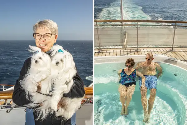 A person holding two small dogs on a deck a couple relaxing in a hot tub on the deck of a ship