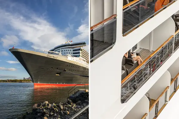 The Cunard Queen Mary 2 docked showing part of the ship with a person relaxing on a balcony