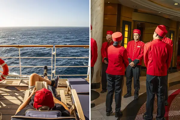 Two scenes on a cruise a person relaxing on a deck chair overlooking the ocean a group of staff in red uniforms standing indoors