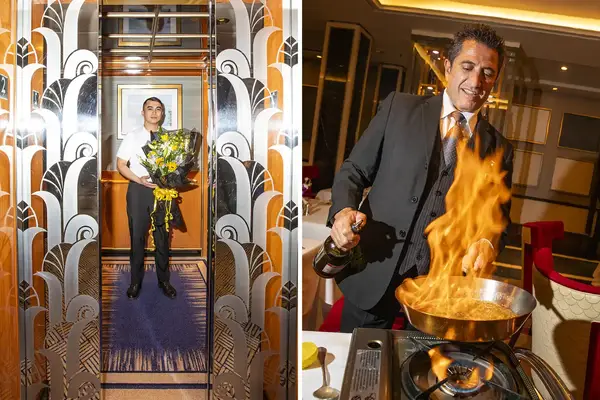 A worker in a suit preparing a flambe dish at a dining table and a person standing in an elevator holding a bouquet of flowers