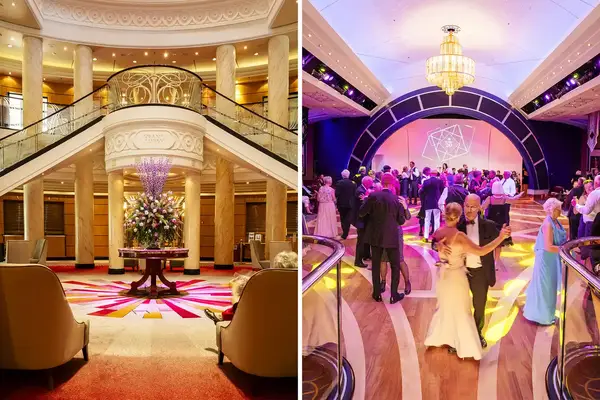 Split image showing an elegant grand lobby and a ballroom with people dancing