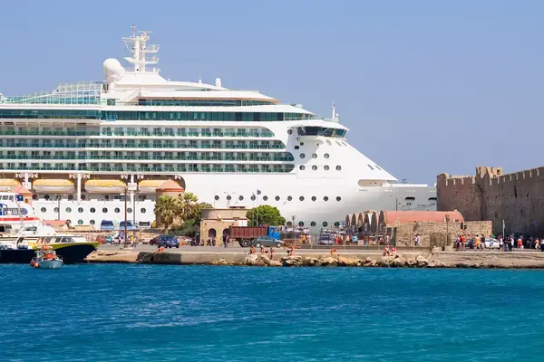 Cruise ship docked at shore