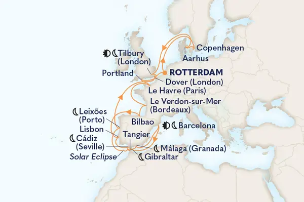 Map illustrating a cruise itinerary through European ports, including Rotterdam, Copenhagen, Tilbury, and Barcelona