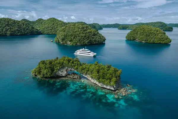 A cruise ship sailing aroung Palau.