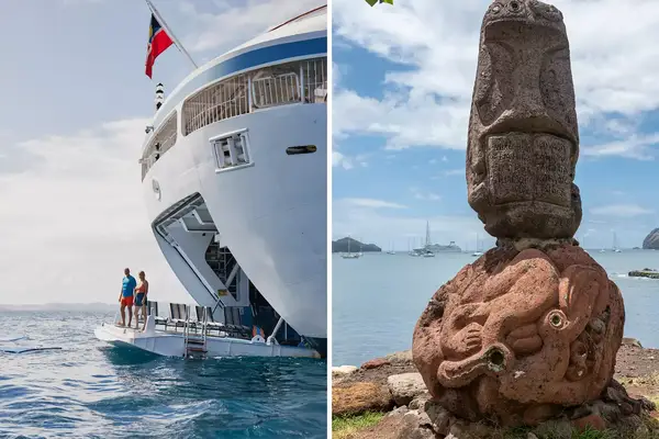 A pair of photos one showing two people on cruise ship and the other a stone monument.