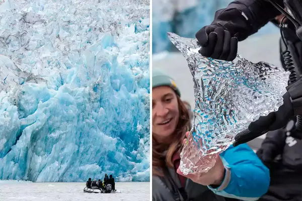 A pair of photos one showing a boat in front of a glacier and the other a woman holding a chunk of ice.