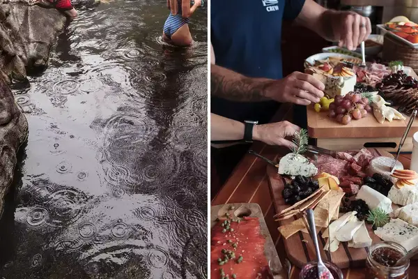 A pair of photos one showing people swimming and the other a cheese board.