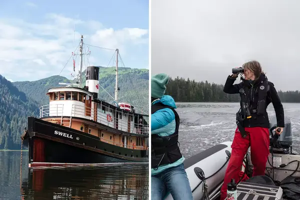 A pair of photos one showing a boat and the other a woman looking through binoculars.