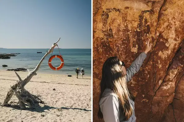 Pair of photos from Jar Island, one showing the beach, and one showing indigenous rock art