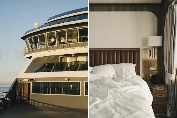 Pair of photos from the Seabourn Pursuit cruise ship, one showing the captain