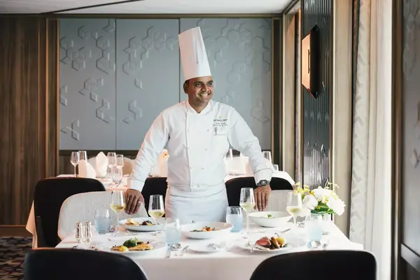 Chef Mahesh in the dining room on board the Seabourn Pursuit cruise ship