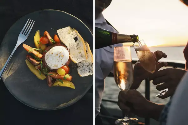 Pair of dining photos on the Seabourn pursuit, one showing a tomato and cheese salad, and one showing champagne being poured at sunset on the deck