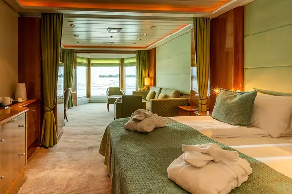 A bedroom on board a Hurtigruten cruise 