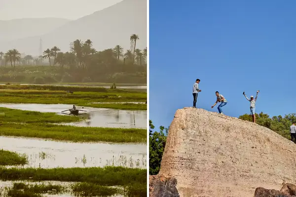 Left: Person rowing a boat through a marsh; Right: Three people on top of a stone structure