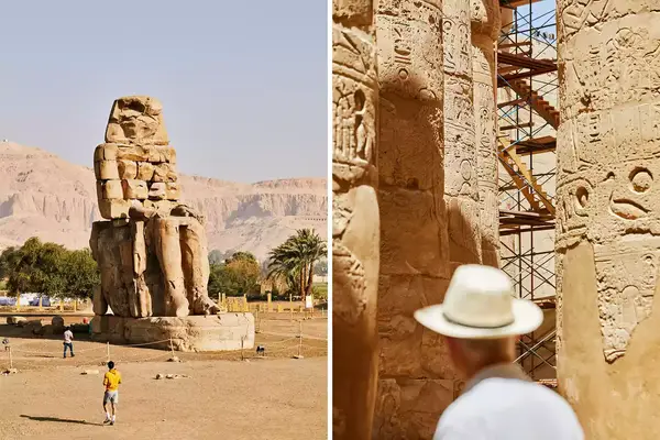Left: locals standing by an ancient Egyptian statue