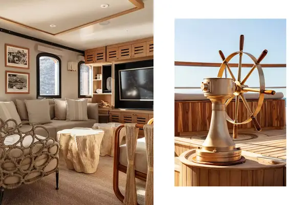 Pair of photos from the Grace yacht, including the lounge, and a captain