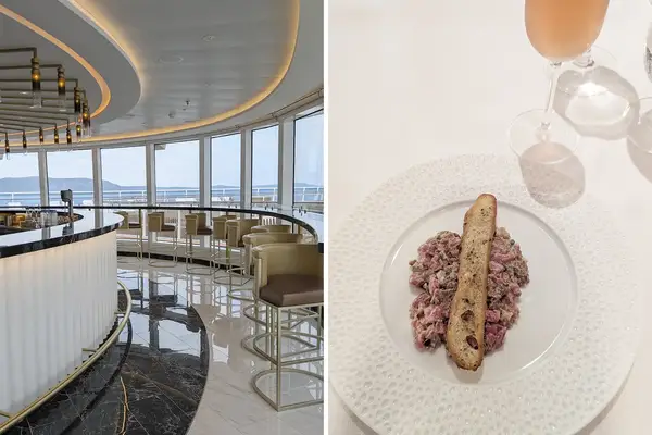 Interior of a dining bar and a dish of tartare with bread on a plate