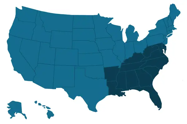 Blue map of the USA, with the southeast indicated by a darker blue color
