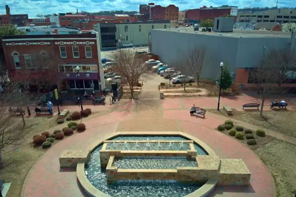 An aerial view of the fountain in downtown Danville, VA