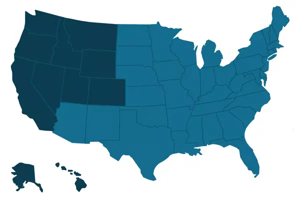 Blue map of the USA, with the west indicated by a darker blue color