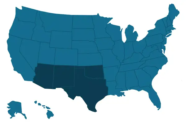 Blue map of the USA, with the southwest indicated by a darker blue color