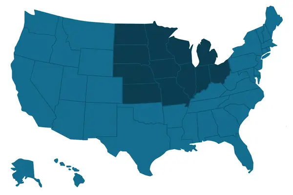 Blue map of the USA, with the midwest indicated by a darker blue color