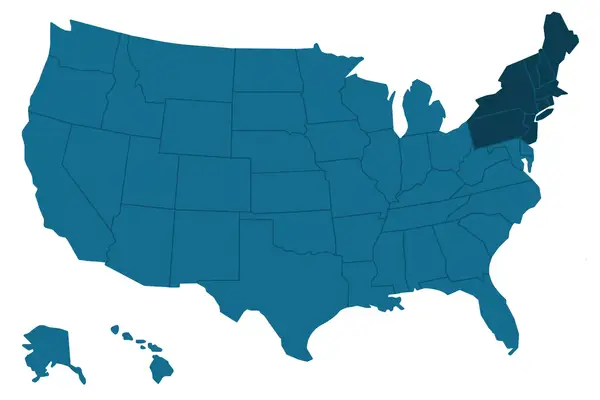 Blue map of the USA, with the northeast indicated by a darker blue color