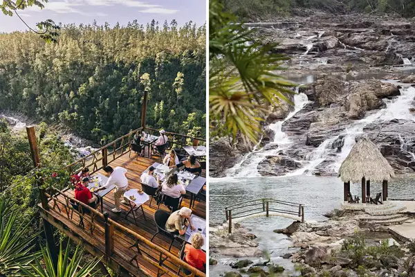 Pair of photos from Belize, one showing a restaurant terrace, and one showing a creek, soaking area, and gazebo